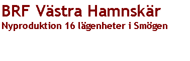 Textruta: BRF V�stra Hamnsk�r Nyproduktion 16 l�genheter i Sm�gen